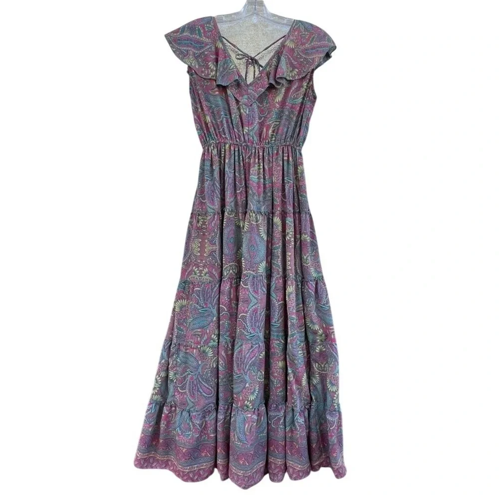 Boemo Pink Teal Paisley Ruffle Tiered Maxi Dress Boho Tassel Back Womens Medium‎